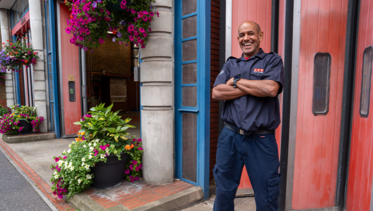 Merrick Josephs outside his LFB fire station